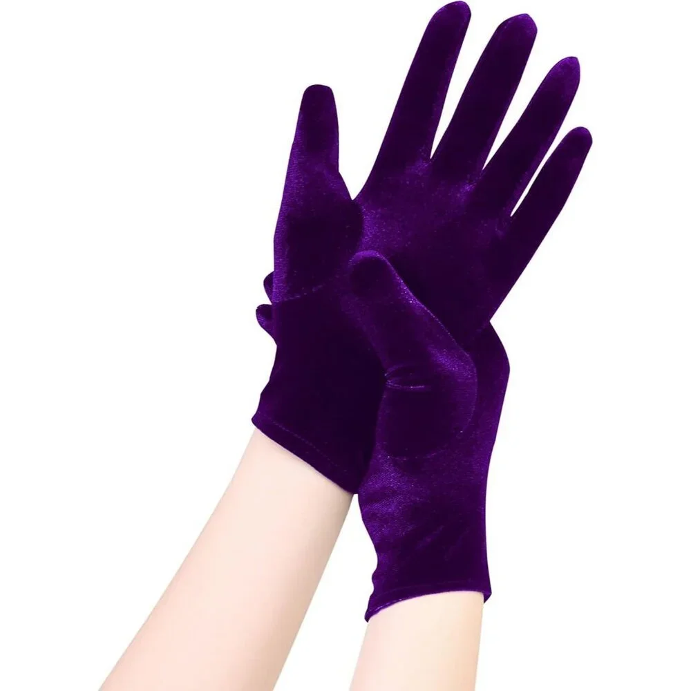 Women's Dark Purple Velvet Short Satin Gloves Style Wrist Flapper Banquet
